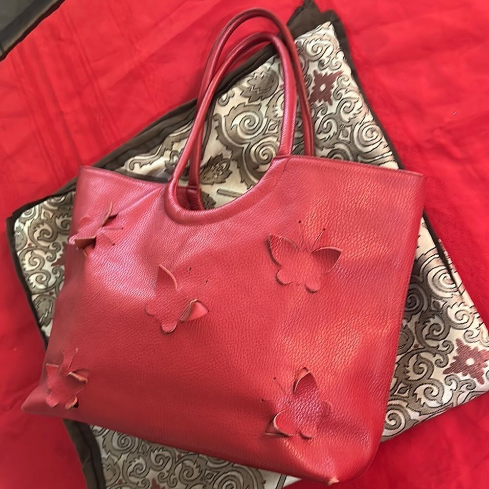 Claudia Firenze Red Pebbled Leather Tote Bag with Butterfly Accents
